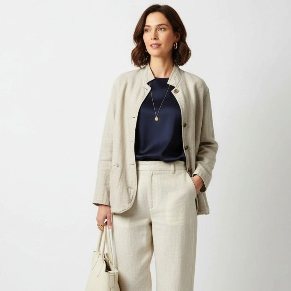 FLAX by Jeanne Engelhart Linen Jacket Women's M Beige Button Front Relaxed Fit